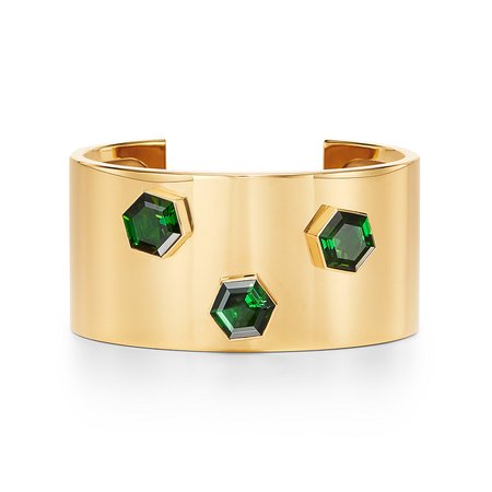 Paloma's Studio narrow hexagon cuff in 18k gold with green tourmalines. | Tiffany & Co.