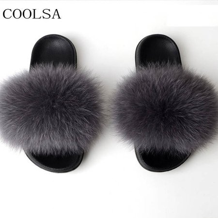 Online Shop COOLSA Women's Fox Fur Slippers Indoor Flat Warm Furry Slippers Outside Girls Plush Sandals Women Slides Flip Flops Big Size 11 | Aliexpress Mobile