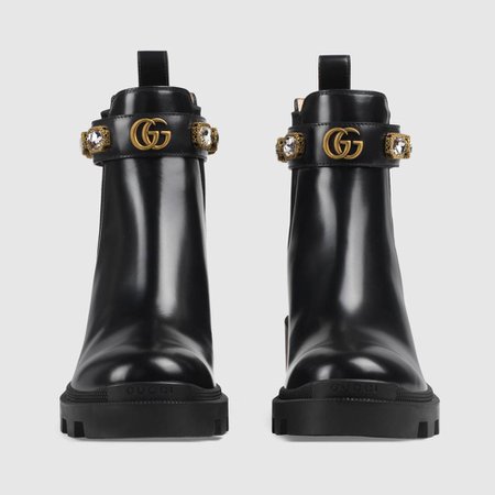 Leather ankle boot with belt in Black leather | Gucci Women's Boots & Booties
