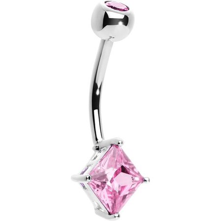 14KT White Gold Pink Princess 6mm Cubic Zirconia Belly Ring – BodyCandy