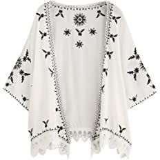 SweatyRocks Women's Floral Lace Crochet Kimono Cardigan Beach Wear Cover up White#7 L at Amazon Women’s Clothing store