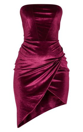 Burgundy Velvet Binding Detail Wrap Over Bandeau Bodycon Dress - Dresses - from £8 - Clothing | PrettyLittleThing