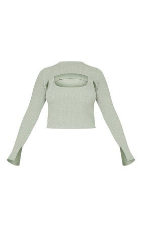 Sage Green Cut Out Knitted Long Sleeve Crop Jumper | PrettyLittleThing USA