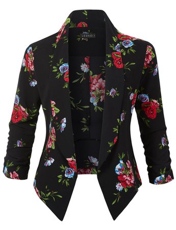 LE3NO Womens Textured Floral Print Open Front Ruched 3/4 Sleeve Blazer | LE3NO black