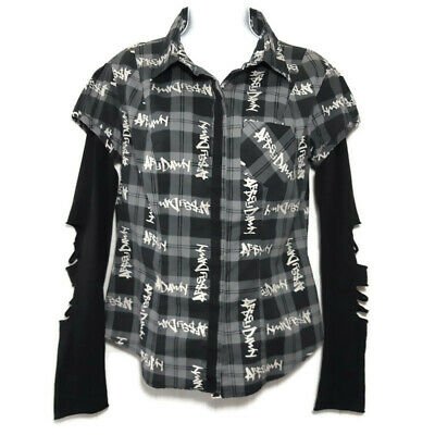 Abbey Dawn Womens Sz L Black Plaid Top Long Sleeve Button Up Shirt Avril Lavigne | eBay