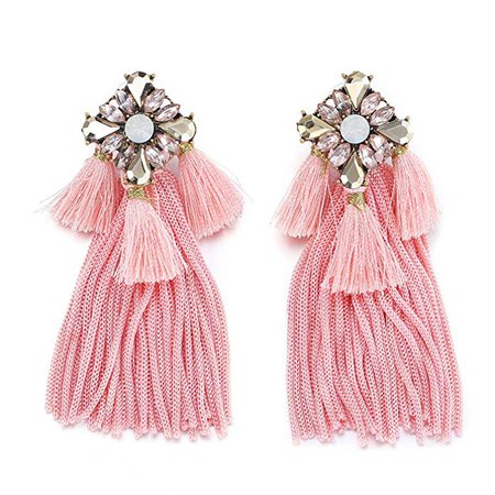 Amazon.com: Tassle Drop Earrings, Bohemian Crystal Embelished Layered Tassle Fringe Dangel Earrings, Pink: Clothing