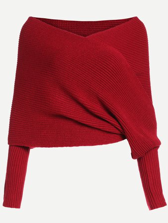 Red Off The Shoulder Cross Wrap Sweater