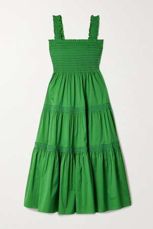 Tiered Shirred Cotton-blend Poplin Midi Dress - Green