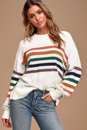 Ivory Sweater - Rainbow Striped Sweater - Balloon Sleeve Sweater - Lulus