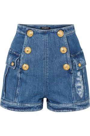 Balmain | Button-embellished distressed denim shorts | NET-A-PORTER.COM