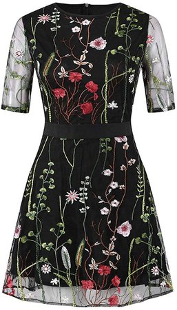 AOGOTO Women's Floral Embroidered Mesh Sleeve Dress Round Neck Mini Dress: Amazon.co.uk: Clothing