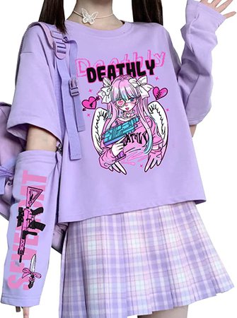 Amazon.com: EMILYLE Women Girl Anime Casual Style Clothing Kwaii Cartoon T-shirt Harajuku Style Streetwear(purple wing-1,L) : Clothing, Shoes & Jewelry
