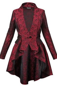 Mandarin Collar Red & Black Brocade Coat - Vintage Goth