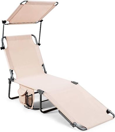 Giantex Tanning Chiar, Patio Chaise Lounge Chair with 5 Adjustable Position, Shade Canopy, Storage Pocket, Camping Cot, Outdoor Sunbathing Recliner for Poolside, Lawn Folding Beach Chairs(1, Beige) : Patio, Lawn & Garden