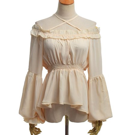 Vintage Lolita Blouse High Waist Long Sleeve Boat Neck Flounce Chiffon Shirt