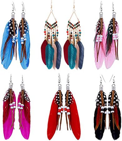Amazon.com: 6Pcs Bohemian Feather Dangle Earrings for Women Colorful Boho Beaded Drop Earrings Jewelry (A): Jewelry