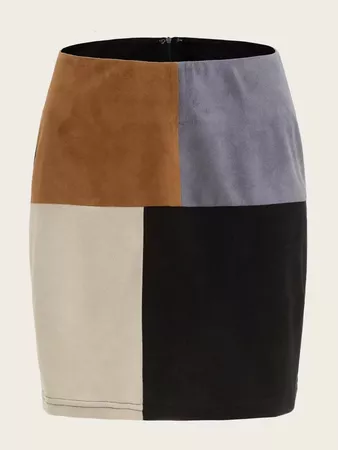 Suede Color-block Zipper Back Skirt | SHEIN USA