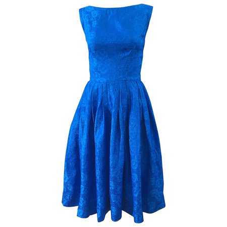 1950s Size 0 Cobalt Blue Silk Damask Fit n' Flare Vintage 50s Rockabilly Dress For Sale at 1stDibs