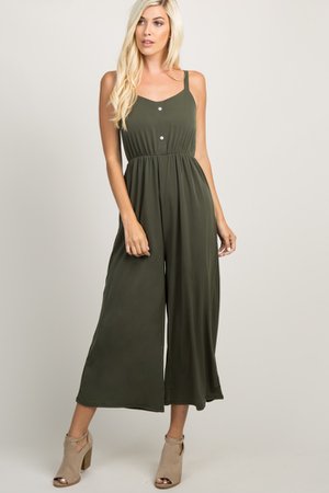 Olive Green Button Front Wide Leg Jumpsuit