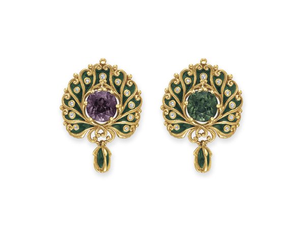 NOUVEAU ALEXANDRITE, DIAMOND AND ENAMEL BROOCH, BY MARCUS & CO