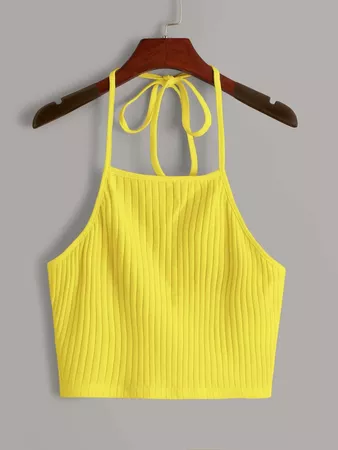Neon Yellow Tie Back Rib-knit Halter Top | SHEIN USA