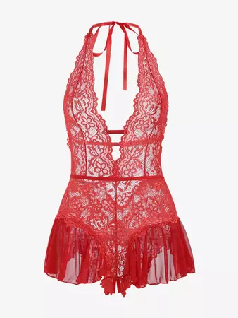 Women's Sexy Sheer Lace Mesh Ruffles Crotchless Halter Backless Nightwear Lingerie Teddy In RED | ZAFUL 2024