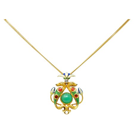 1870's Egyptian Revival Enamel Diamond 18 Karat Gold Goddess Victorian Necklace For Sale at 1stDibs