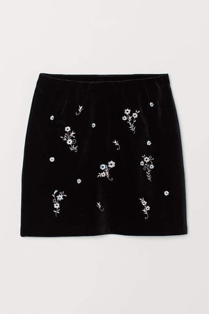 Velvet Skirt with Embroidery - Black
