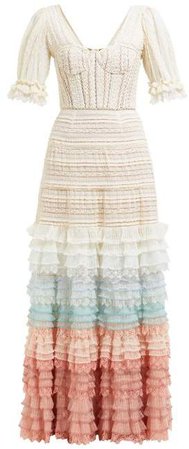 Tiered Cotton Blend Crochet Lace Dress - Womens - White Multi