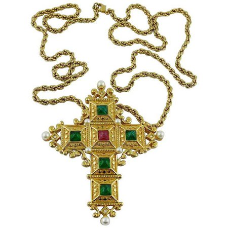 Christian Dior Vintage Bejeweled Cross Pendant Necklace Brooch For Sale at 1stdibs