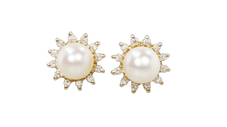 Vintage 14k Gold Cultured Pearl Earrings, Pearl Diamond Halo Earrings, Pearl Stud Earrings, Yellow Gold Earrings, Post Back Bridal Earrings
