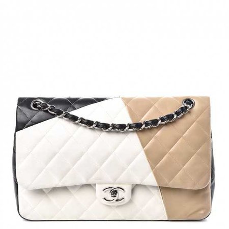CHANEL Lambskin Quilted Colorblock Jumbo Double Flap Black White Beige 251094