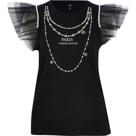 River Island black short sleeve 'Paris' necklace mesh tee