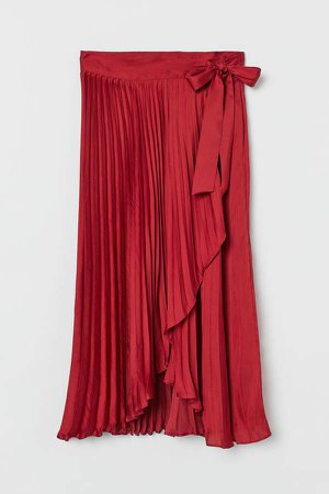 Pleated Wrap-front Skirt - Red