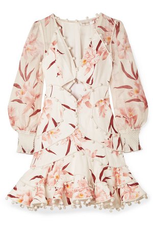 Zimmermann | Corsage pompom-embellished cutout floral-print linen mini dress | NET-A-PORTER.COM