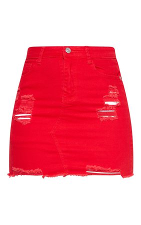 red distressed denim skirt