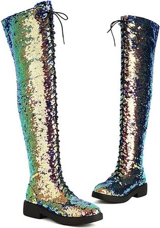 Amazon.com | Caradise Glitter Sparkly Low Heel Thigh High Combat Boots Sequin Flat Over The Knee Boots | Over-the-Knee