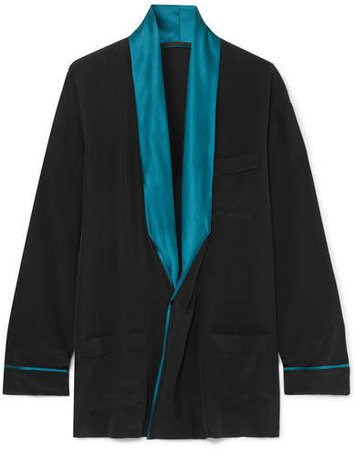 Draped Two-tone Silk Shirt - Black