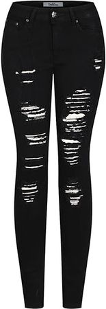 2LUV Women's Stretchy 5 Pocket Destroyed Dark Denim Skinny JeansÂ at Amazon Women's Jeans store