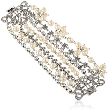 Betsey Johnson "Stone & Pearl" Faux Pearl and Crystal Multi-Row Bracelet, 7.5": Clothing