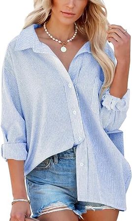 Flowyair Women's Oversized Button Down Shirts Business Casual Long Sleeve Blouse Work Striped Tops at Amazon Women’s Clothing store