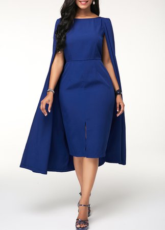 Front Slit Navy Blue Cape Sleeve Sheath Dress | Rosewe.com - USD $36.13