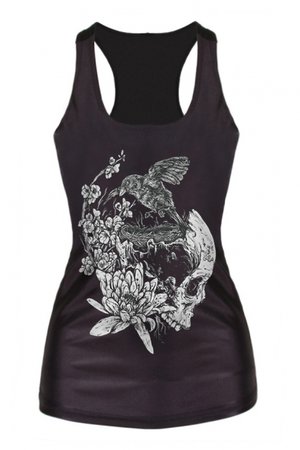 Eagle&Flower Print Black Tanks - Beautifulhalo.com