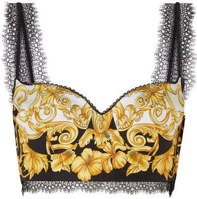 Lace-trimmed Printed Silk-twill Bustier Top - Black