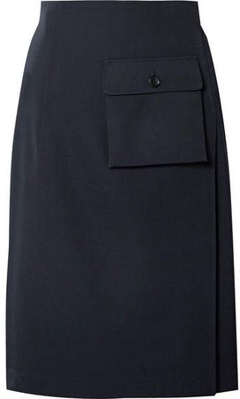 Leather-trimmed Pleated Wool-gabardine Wrap Skirt - Navy