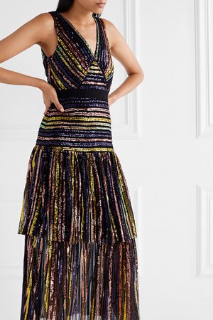 Self-Portrait | Grosgrain-trimmed tiered striped sequined tulle midi dress | NET-A-PORTER.COM