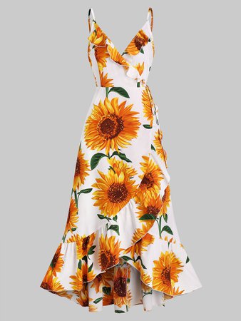 [37% OFF] Sunflower Print Flounce Wrap Maxi Dress | Rosegal
