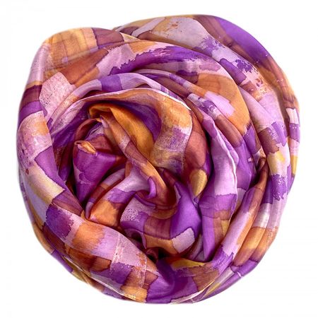 Purple and orange silk scarf, with graphic design. Hand-painted by Ellen Bakker, Colorsofellen | Colorsofellen Shop