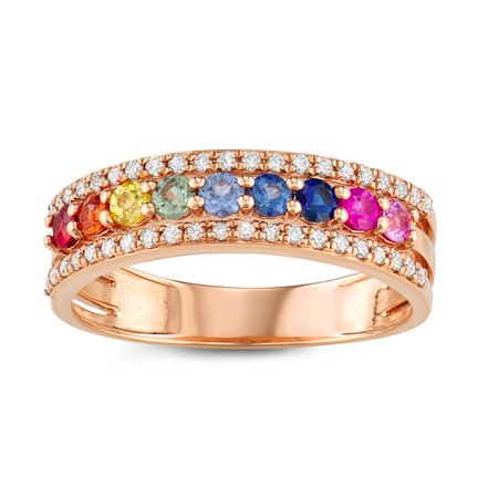 Rainbow Sapphire & Diamond Ring in 14k Rose Gold
