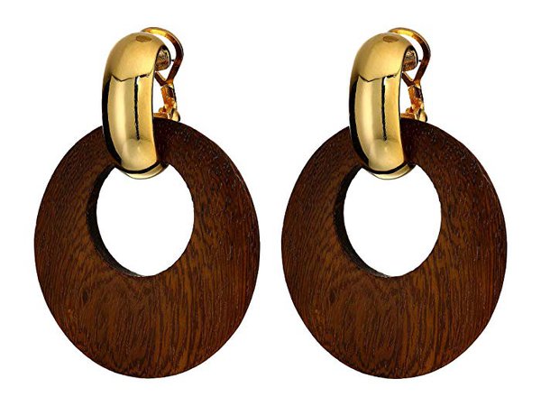 Kenneth Jay Lane Dark Wood Hoop with Polished Gold Clutchless Pierced Earrings